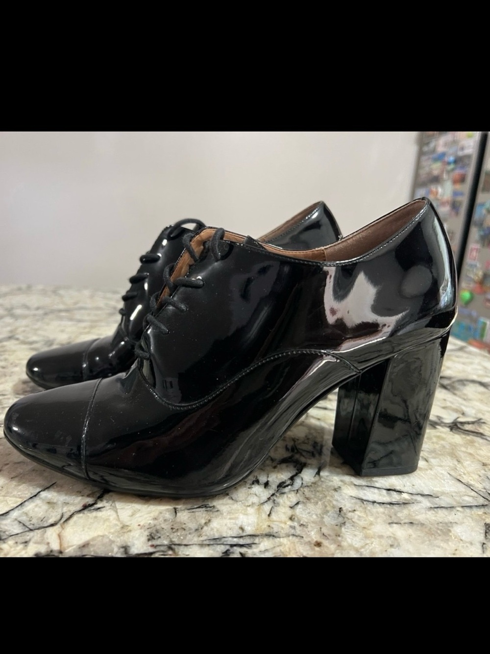 Calvin Klein Black Patent Lace-Up Block Heel Oxfords
